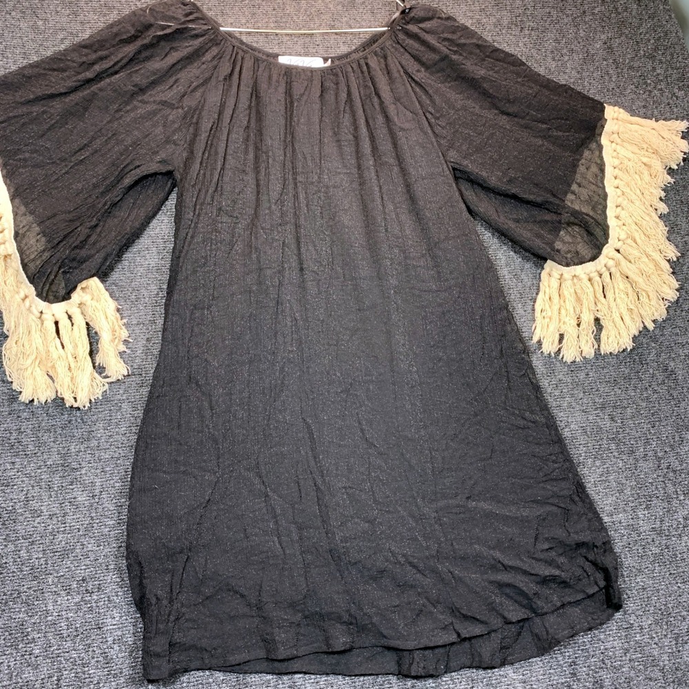 Tassel Bell Sleeve Black Shimmer Gauze Dress L Gypsy Romantic Whimsigoth USA VTG